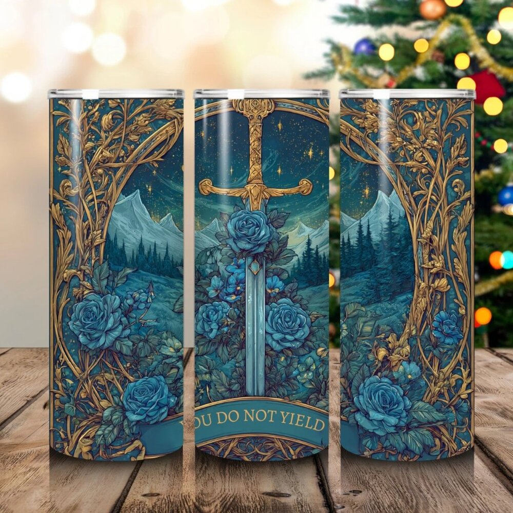 20oz Bookish Fantasy Tumbler – “You Do Not Yield” Sword Floral throne of glass